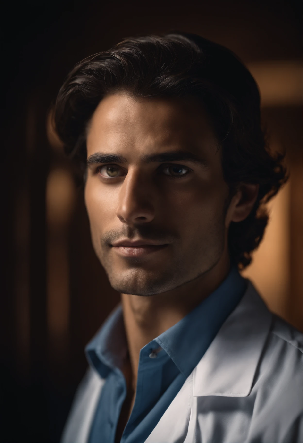 Latino scientist, blue eyes, light stubble and chin long brown hair. Thin face but refined