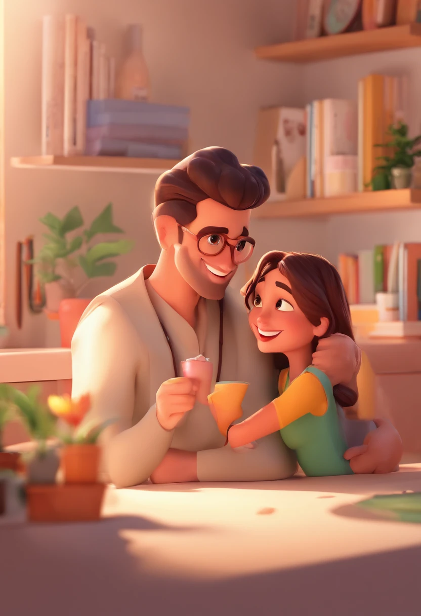 An illustration of an adorable couple, Destacando um homem e uma mulher com beleza, Expressive eyes – the man's hair is bald and brown and he has a full beard, While the woman's hair is tied up in a bun and blonde. They are a bright space, Todos com um sorriso no rosto, e compartilhe um momento especial, That is marked by love, viagem, and pedagogical insights. Ilustre esta cena a partir de uma perspectiva, where they're facing away from the camera, Show Your Connection. Desenvolva esta arte em Full HD, Focus on your cinematic touch, Estilo Disney Pixar Animations