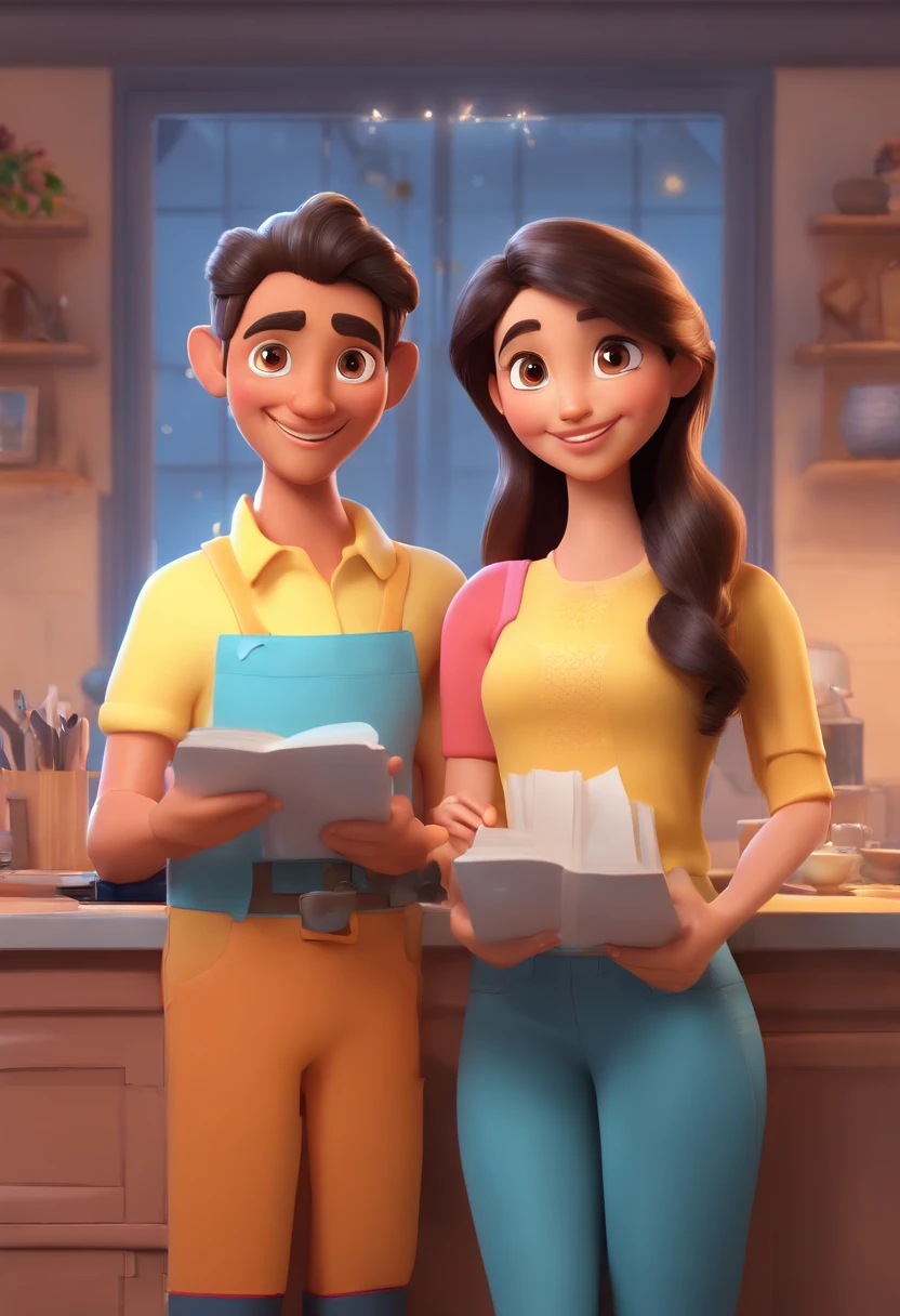 An illustration of an adorable couple, destacando um homem e uma mulher com bonito, Expressive eyes – the man's skin is black and the man's hair is bald and black, while the woman's skin is black and the woman's hair is curly and brown. They are a bright room, cada um com um sorriso no rosto, e compartilhar um momento especial caracterizado pelo amor, arroz, e insights educacionais. Illustrate this scene from a perspective where they are facing away from the camera, Showing Your Connection. Desenvolva esta arte em Full HD, Focus on your cinematic touch, Estilo Disney Pixar Animations