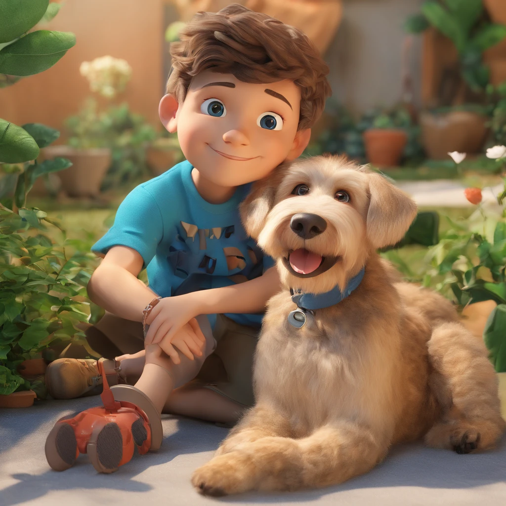 Lucas is a 5-year-old smiling human boy, con tu fiel amigo, tornillo, El perro Schnauzer, lying in the garden