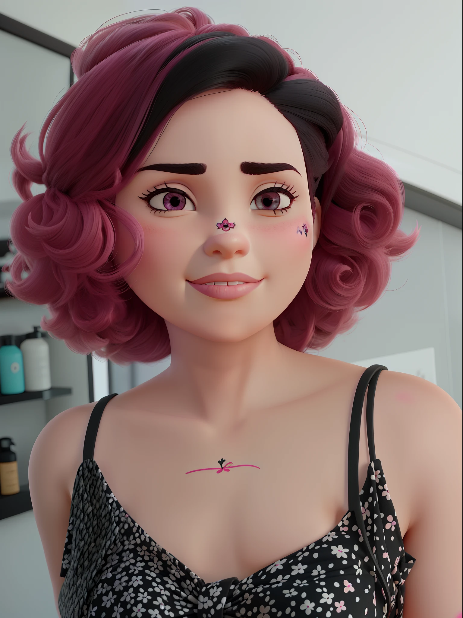 Mulher de cabelo curto cacheado na cor rosa. Olhos castanhos e camiseta preta de bolinhas brancas. Pink flower tattoo on arm. Maquiagem com delineado preto com rosa