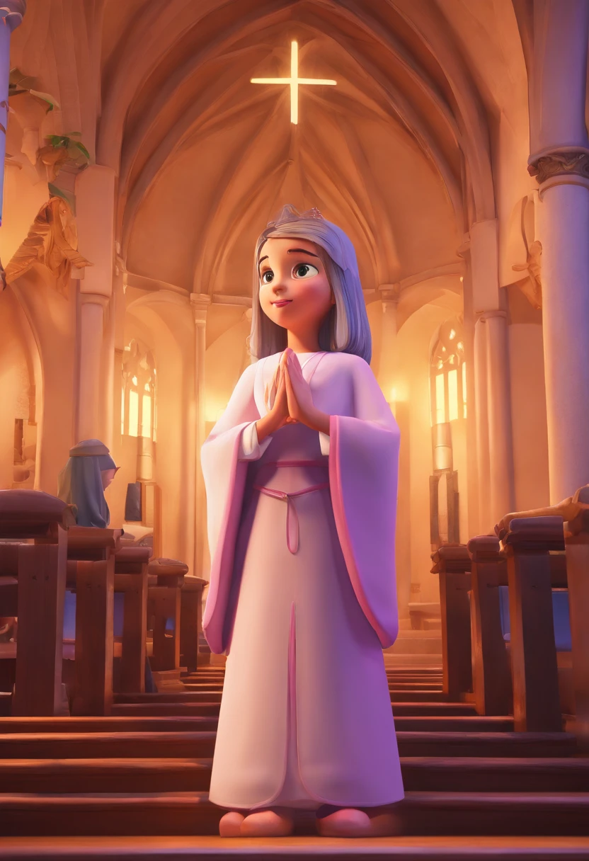  branca cabelo cacheado de coque, vestindo uma de coroinha, In a Catholic church illuminated with waves, Looking up with hands in prayer position, barnet, toon, estilo pixar, 3d, desenhos animados, rosto detalhado, asymmetrical 16k