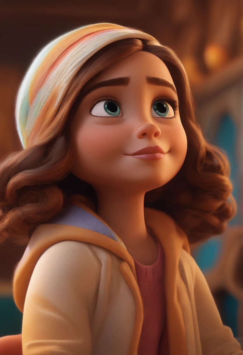 Personagem de desenho animado estilo Disney pixar uma menina de cabelo liso castanhos,olhos castanhos e pele branca em uma cadeira de rodas cor roxa