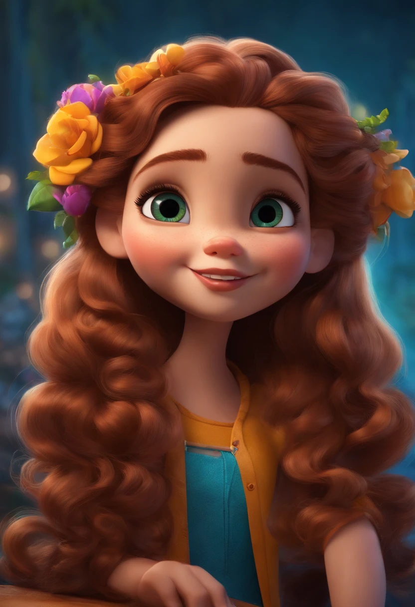 Personagem de desenho animado estilo Disney pixar uma menina de cabelo liso castanhos,olhos castanhos e pele branca em uma cadeira de rodas cor roxa