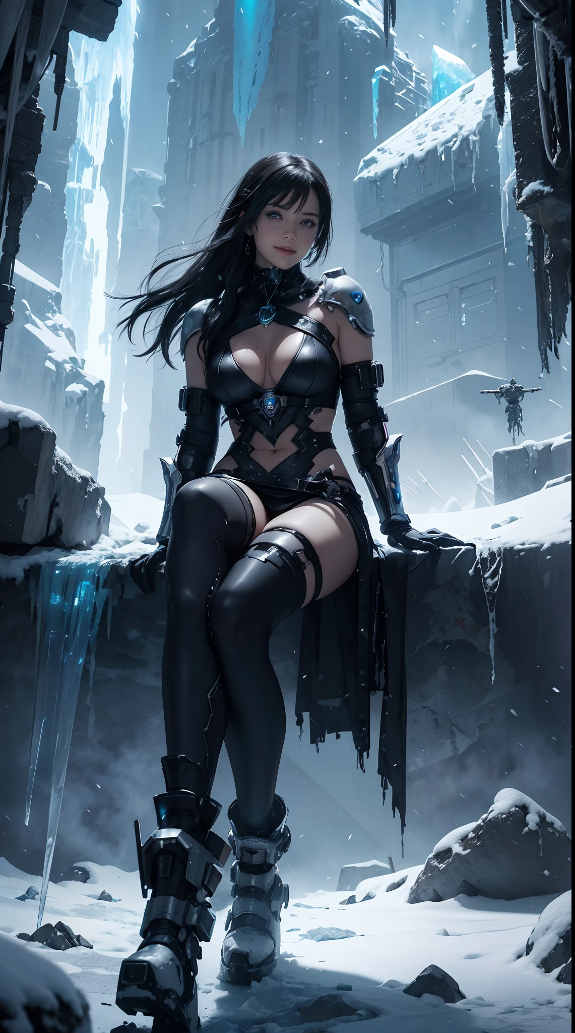 Cyberpunk, mechanical, broken, there is a picture of a very large iceberg, cyberpunk, mechanical, broken, with a lot of snow, dungeon background, icicle background, arena background, game background, dark dark cave background,a female warrior sitting,((smile:1))