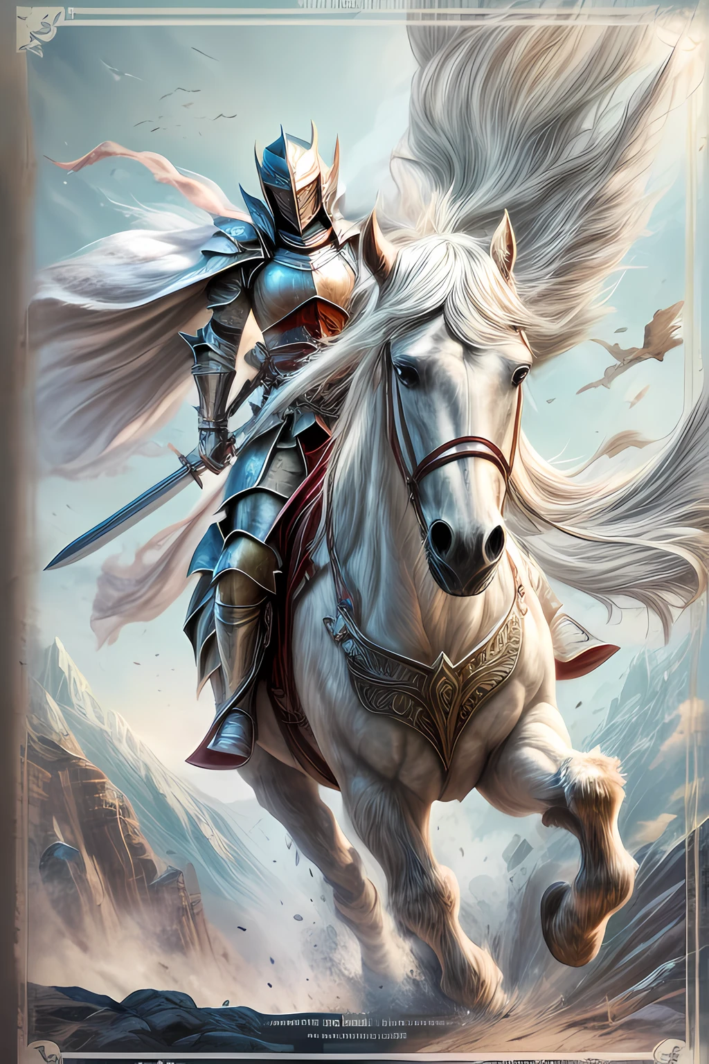 (fantasy movie poster: 1.5) named The White Knight,(movie poster: 1.5), RPG art, a beautiful  woman knight ridong a white horse, armed with a sword, wearing heavy armor LnF, Ultra-Wide Angle, high detail, award winning, best quality, HD, 16K, rendering, high details, best quality, highres, ultra wide angle, 3D rendering, [[anatomically correct]]