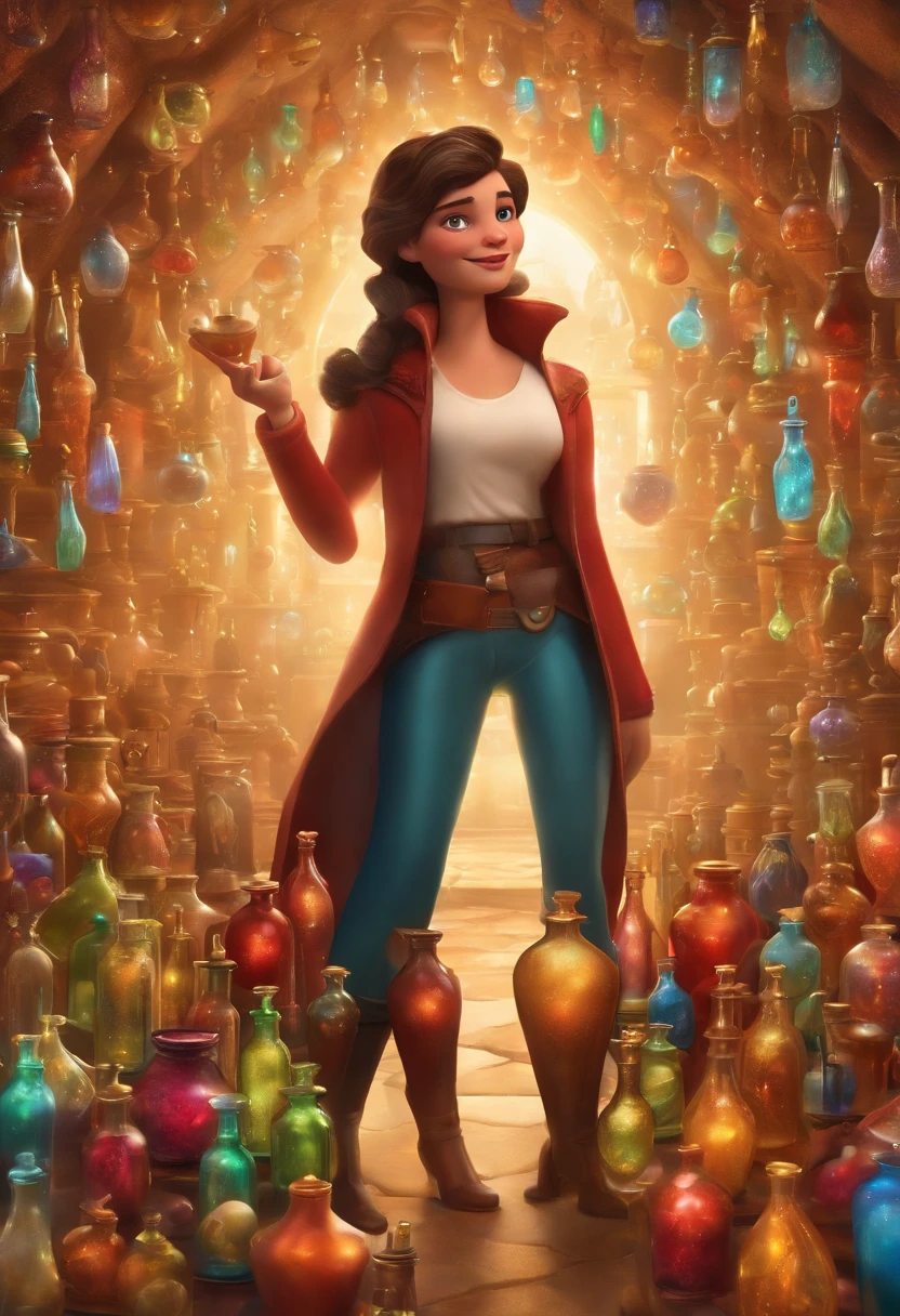 A collector of ideas inspired by Pixar animation, de perto. She is surrounded by a collection of magic vials, each containing a unique idea. The focus is on the character, with a captivating facial expression, Against a backdrop of shimmering, cores efervescentes.