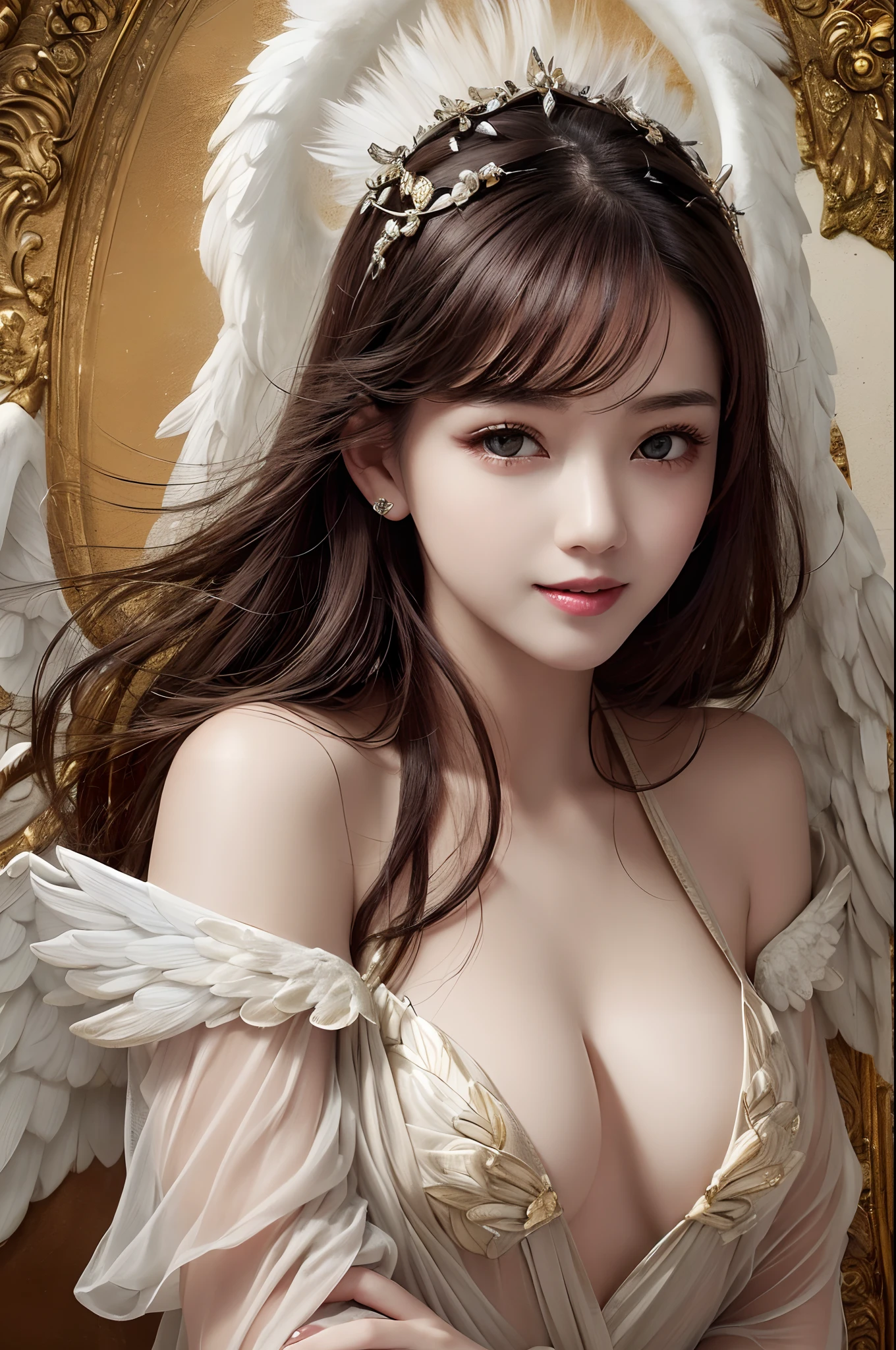 ((Finest quality)),(超A high resolution),(ultra-detailliert),(Meticulous portrayal),((best pictures)),(Finest works of art),Ultra-Precision Art,The art of astounding depiction, (1 Female Angel:1.5),a smile,Flapping,Fluttering feathers