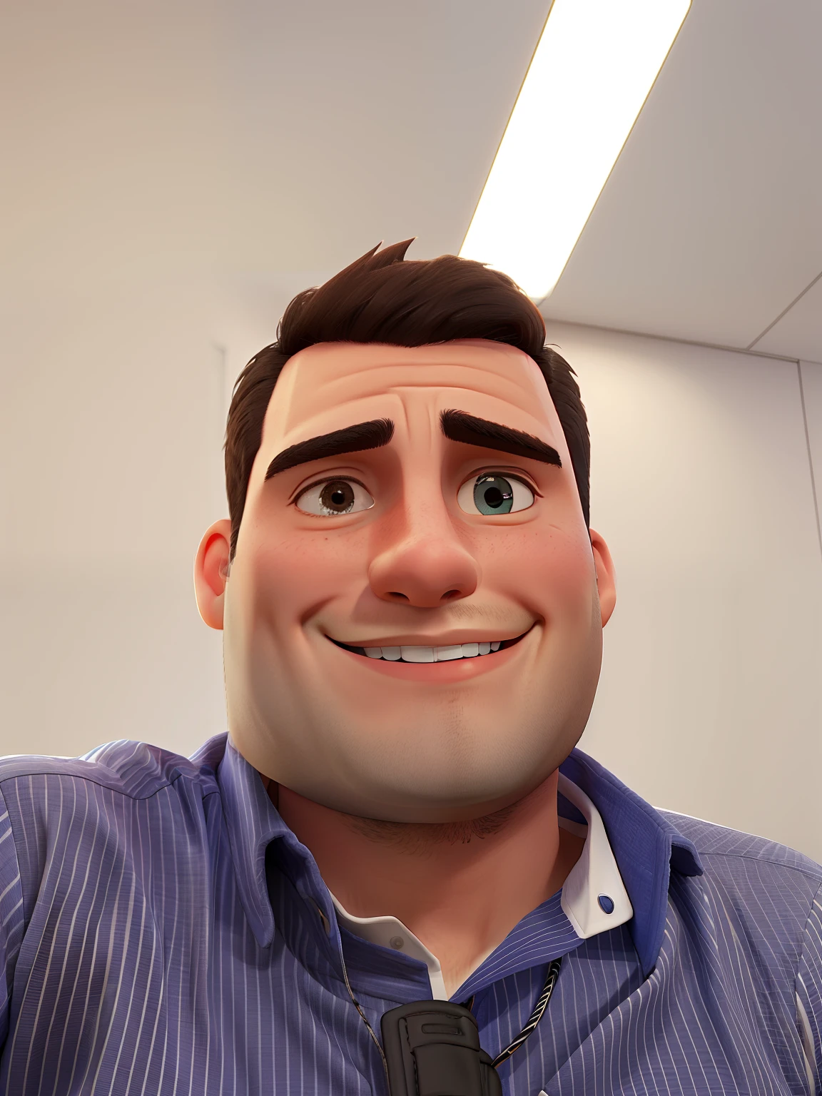 Smiling man in white polo shirt in front of a conference room