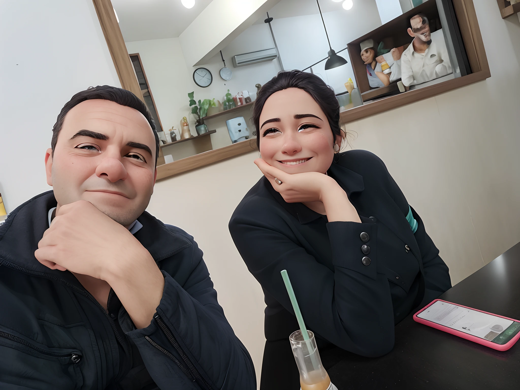 They're sitting at a table with a drink and a cell phone, Directed by: Nandor Soldier, Ayanamikodon e Irakli Nadar, sitting at a café, in a coffee shop, Casal feliz, in a bright cafe, Sakimichan e Frank Franzzeta, imagem de qualidade muito baixa, Fotografia tirada em 2 0 2 0