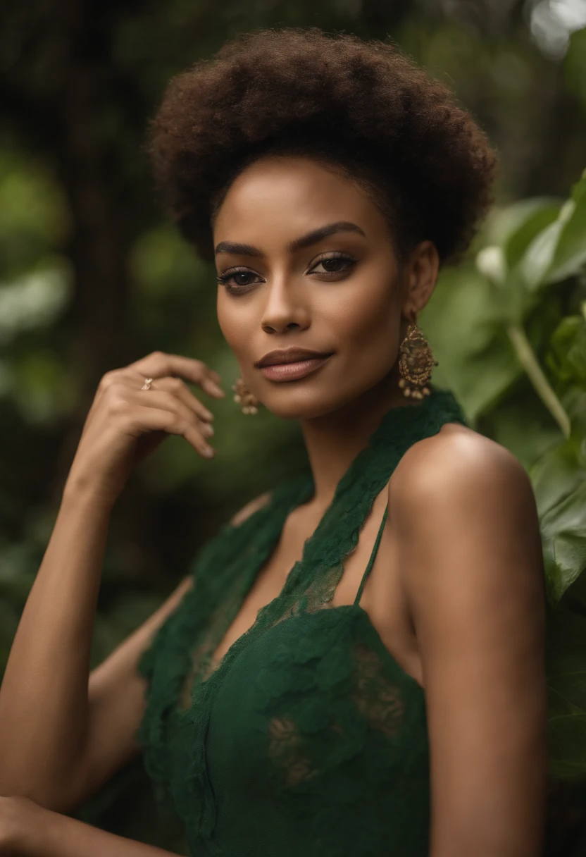 Mulher negra, pele negra, delicate strokes, with accessories, cabelos cacheados lindos, brinco grande, joias com tons de verde, estilo Soul, olhar lindos, sobrancelhas lindas, dentes lindos, ar livre, parque plantas , birds in the background, lindas flores, ultra realista, 8k Canon EOS 6D Mark II com lente 24-105mm f/4L II USM
