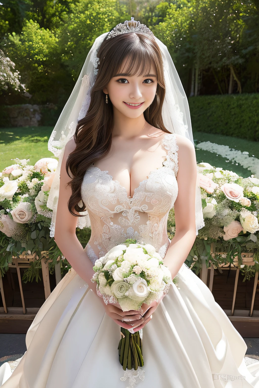 (Best Quality, masutepiece:1.2), (Realistic:1.3), (hyper detailed background, Detailed background), Bokeh, ((medium breasts:1.2)), ((Beautiful valley)),(Long Train Wedding Dresses:1.3),Bridal tiara, Bridal Veil, bridal gauntlets, Bridal Cascade Bouquet, Upper body, Mediterranean Wedding Venues, The skirt spreads round and wide, 1girl in, age, Cute,Smiling,