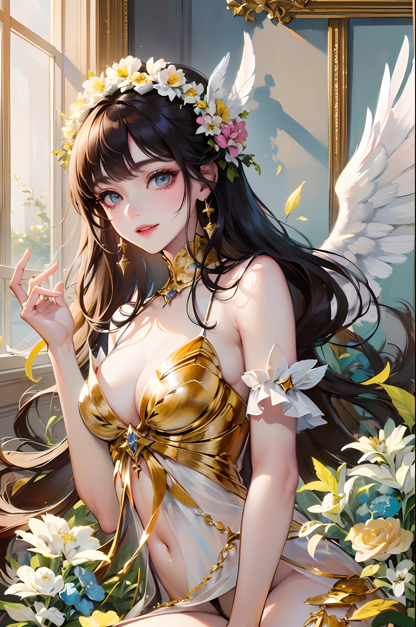 ((Finest quality)),(超A high resolution),(ultra-detailliert),(Meticulous portrayal),((best pictures)),(Finest works of art),Ultra-Precision Art,The art of astounding depiction, (1 Female Angel:1.5),a smile,Flapping,Fluttering feathers