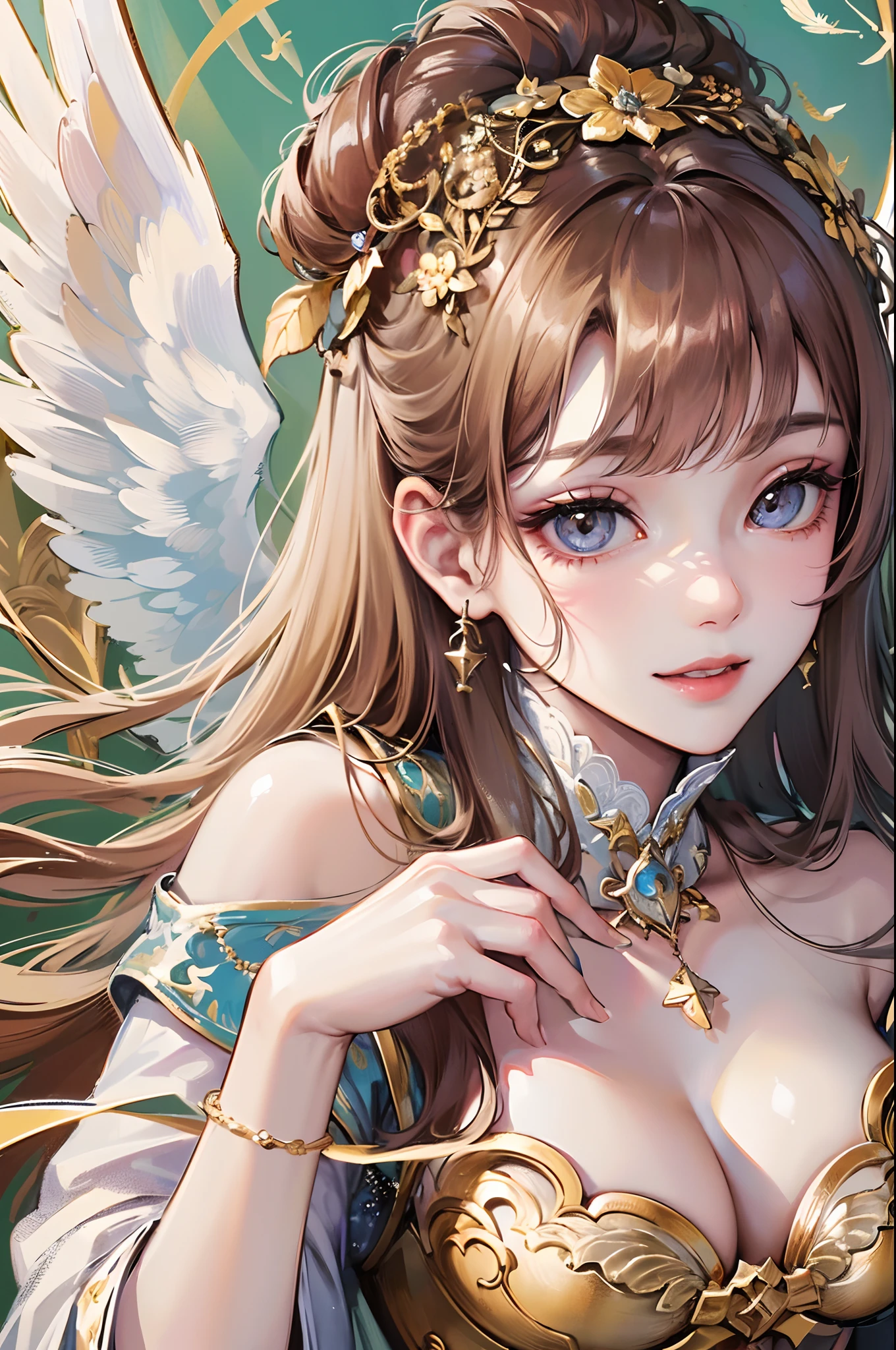 ((Finest quality)),(超A high resolution),(ultra-detailliert),(Meticulous portrayal),((best pictures)),(Finest works of art),Ultra-Precision Art,The art of astounding depiction, (1 Female Angel:1.5),a smile,Flapping,Fluttering feathers