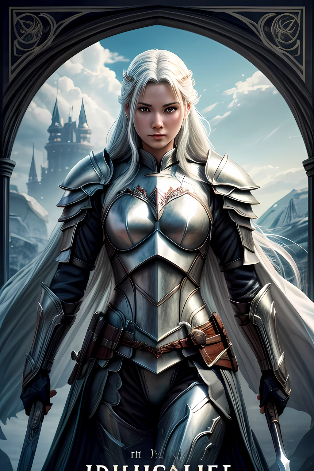 (fantasy movie poster: 1.5) named The White Knight,(movie poster: 1.5), RPG art, a beautiful  (woman: 1.3), white knight ridong a white horse, armed with a sword, wearing heavy armor LnF, Ultra-Wide Angle, high detail, award winning, best quality, HD, 16K, rendering, high details, best quality, highres, ultra wide angle, 3D rendering, [[anatomically correct]]