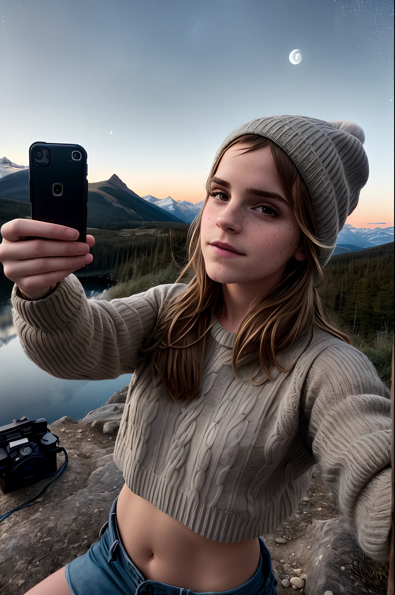 1girl, Emma Watson, ((upper body selfie, happy)), masterpiece, best quality, ultra-detailed, solo, outdoors, (night), mountains, nature, (stars, moon) cheerful, happy, backpack, sleeping bag, camping stove, mountain boots, gloves, mini sweater top, bare belly, hat, flashlight, forest, rocks, river, wood, smoke, shadows, contrast, clear sky, analog style, (look at viewer:1.2), (skin texture), (film grain:1.3), (warm hue, warm tone :1.2), close up, cinematic light, sidelighting, ultra high res, best shadow, RAW, upper body, wearing pullover top