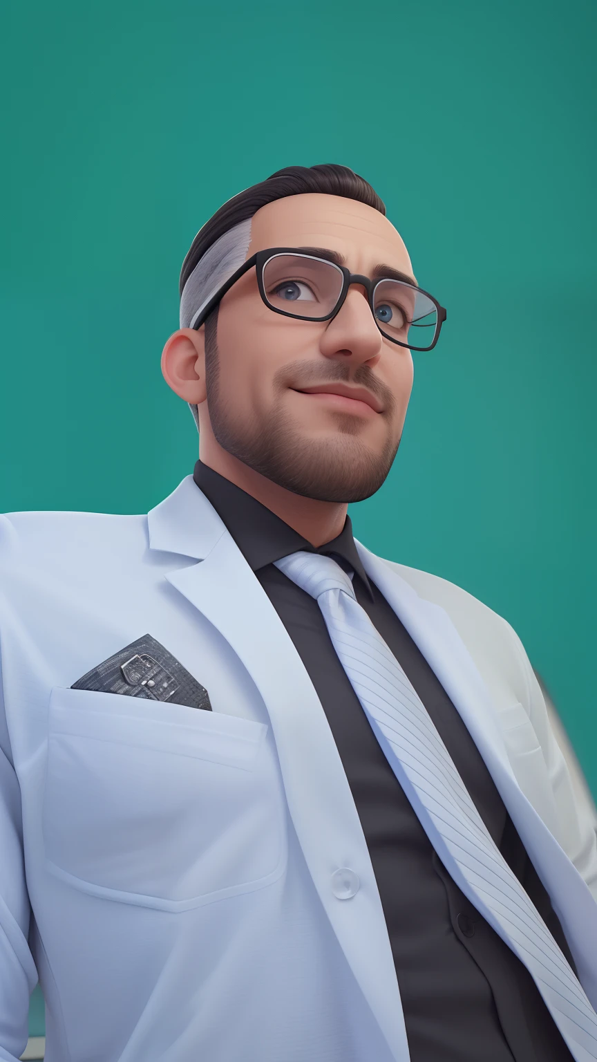 Um homem de 40 anos, com cabelos castanhos curtos,face de diamante, olhar rigoroso, e olhos castanhos, oculos, vestindo terno, White white shirt with tie and glasses.