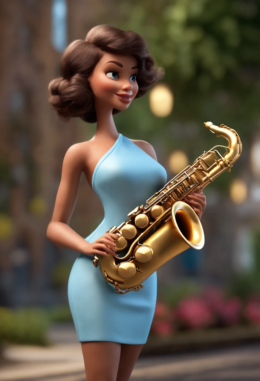 personagem dos desenhos animados de uma mulher com de olhos azuis, cabelo liso preto, White Skin Playing Saxophone Animation Character, Caractere estilizado, animation style rendering, 3D estilizado, 3 d render stylized, toon render keyshot, Personagem 3D, Personagem 3D, 3d rendering stylized, 3 d character render, personagem de desenho animado, Personagem de close up, Pose de personagem, (Estilo Pixar) (master part:1.2) (Bokeh) (best quality) (pele detalhada) (textura detalhada) (8k) (argila) (Cinematic lighting) (foco nítido