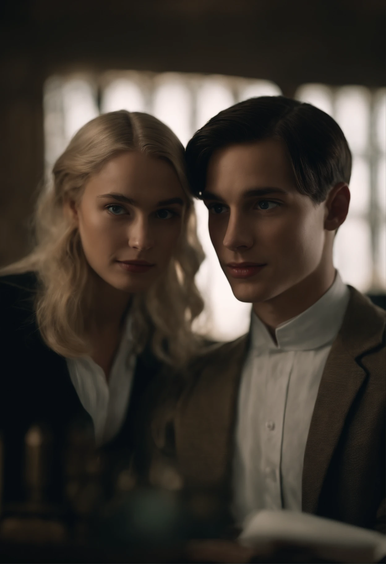 Create an image of Tom Riddle with a blonde girl