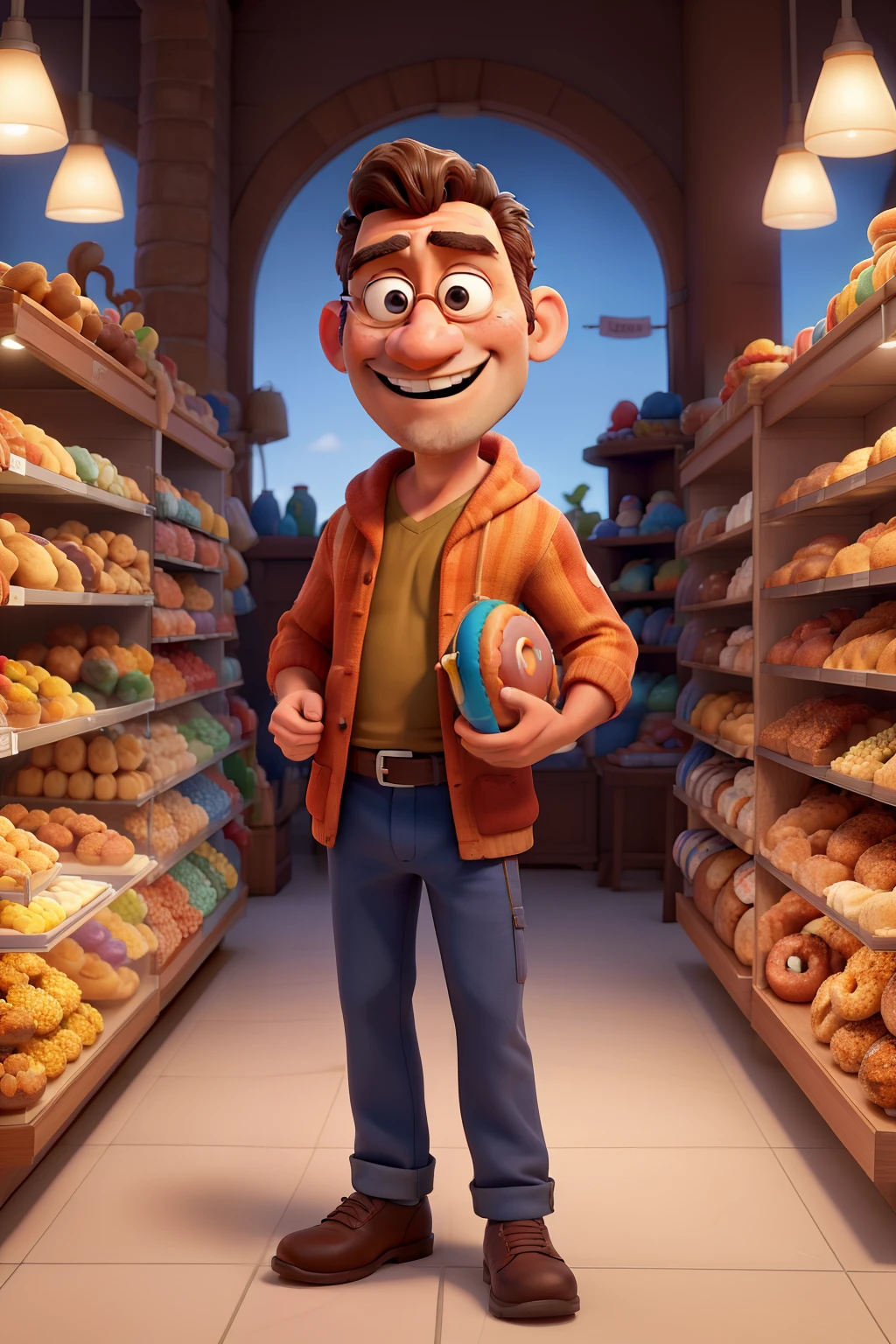 criar poster inspirado na Disney/Pixar capturando uma cena com um homem de 47 anos, sem barba sem bigode, com oculos, cabelos curtos crespos e grissalhos, alto, medindo um metro e noventa e nove de altura, pesando 130 quilos, pele morens, olhos castanhos, Wearing colorful pants and Dolman, Holding a foet in his hands in a setting of a confectionery shop, com bolos, doces, tortas e donuts animados em sua volta.