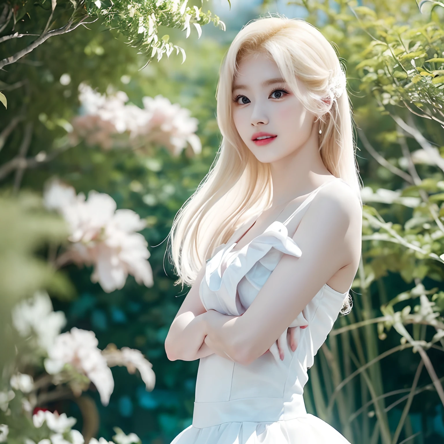 wan adorable korean face, ****** Araffe, Kim Doyoung, Tzuyu de Twice, Jisoo blackpink, cabelos longos e rosa. There's a woman in a white dress posing for a photo, extremely pale white skin, vestida de bailarina, pale porcelain white skin, with pale skin, jovem bonita, usando espartilho, porcelain pale skin, very very very pale skin, very very pale white skin, very very pale white skin, pale ivory skin, rosto angelical, rosy lips. Realista, cabelos liso e rosados. Sorrindo, expression joyful. Ballet Costume