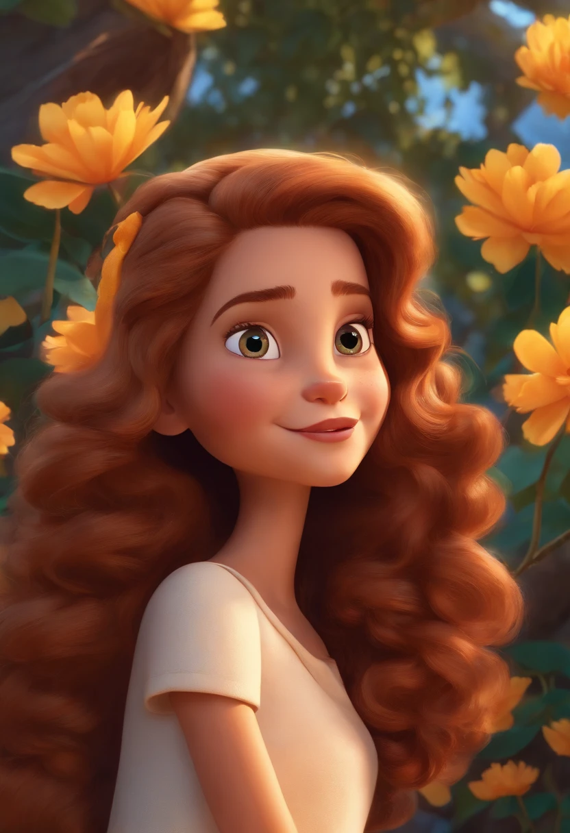 Personagem de desenho animado estilo Disney pixar uma de cabelo liso castanhos,olhos castanhos e pele branca em uma cadeira de rodas cor roxa em um parque