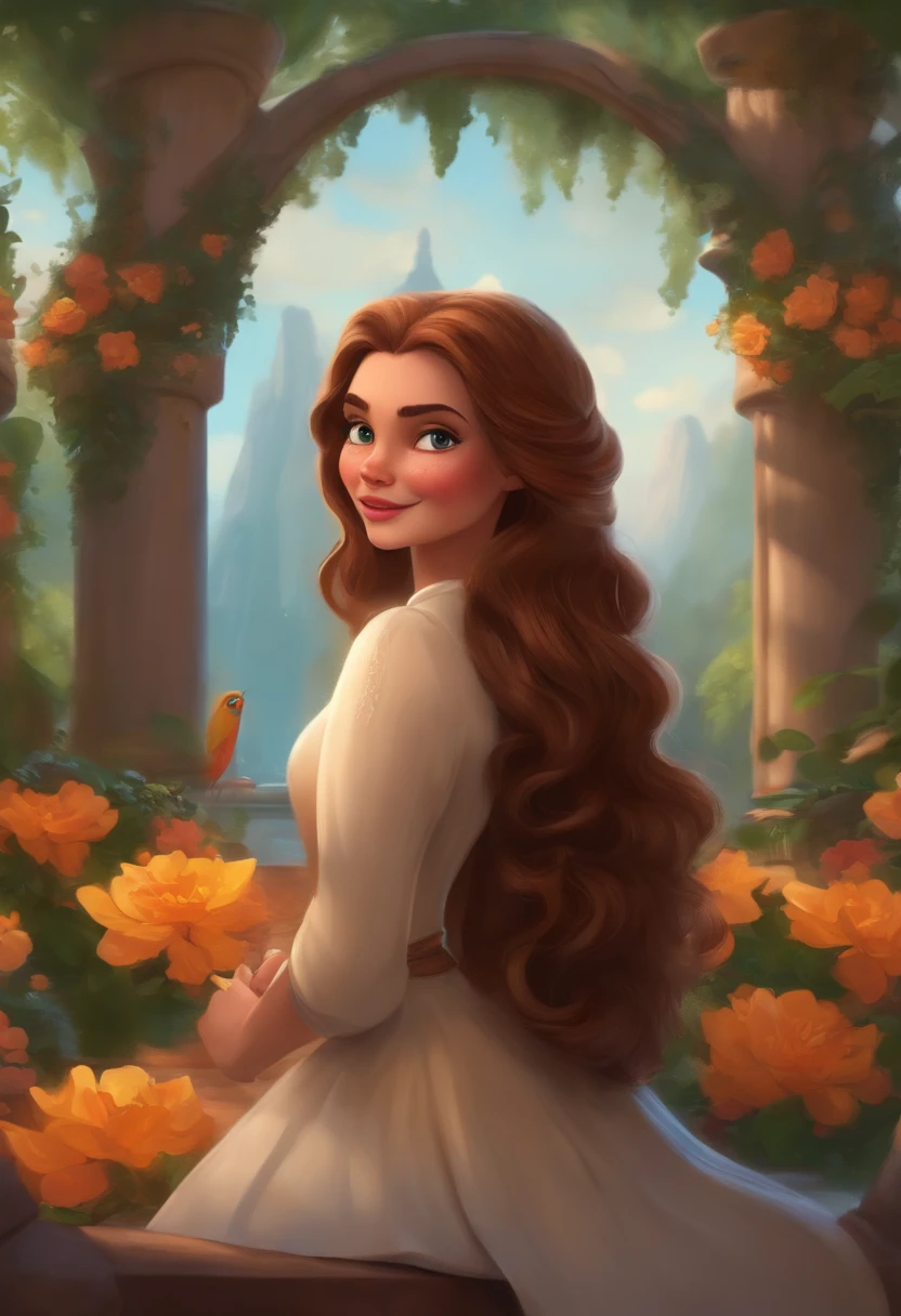 Personagem de desenho animado estilo Disney pixar uma  de cabelo liso castanhos,olhos castanhos e pele branca em uma cadeira de rodas cor roxa em um parque