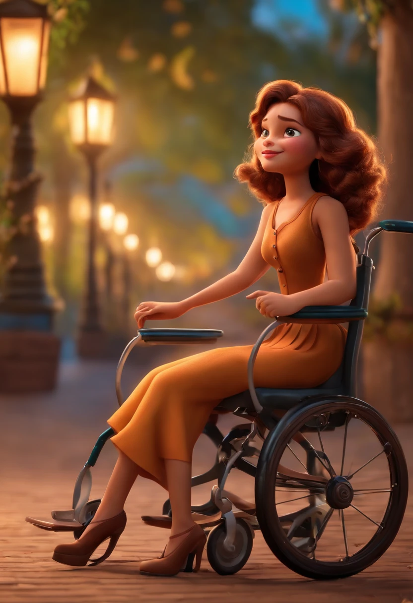 Personagem de desenho animado estilo Disney pixar uma menina de cabelo liso castanhos,olhos castanhos e pele branca em uma cadeira de rodas cor roxa em um parque