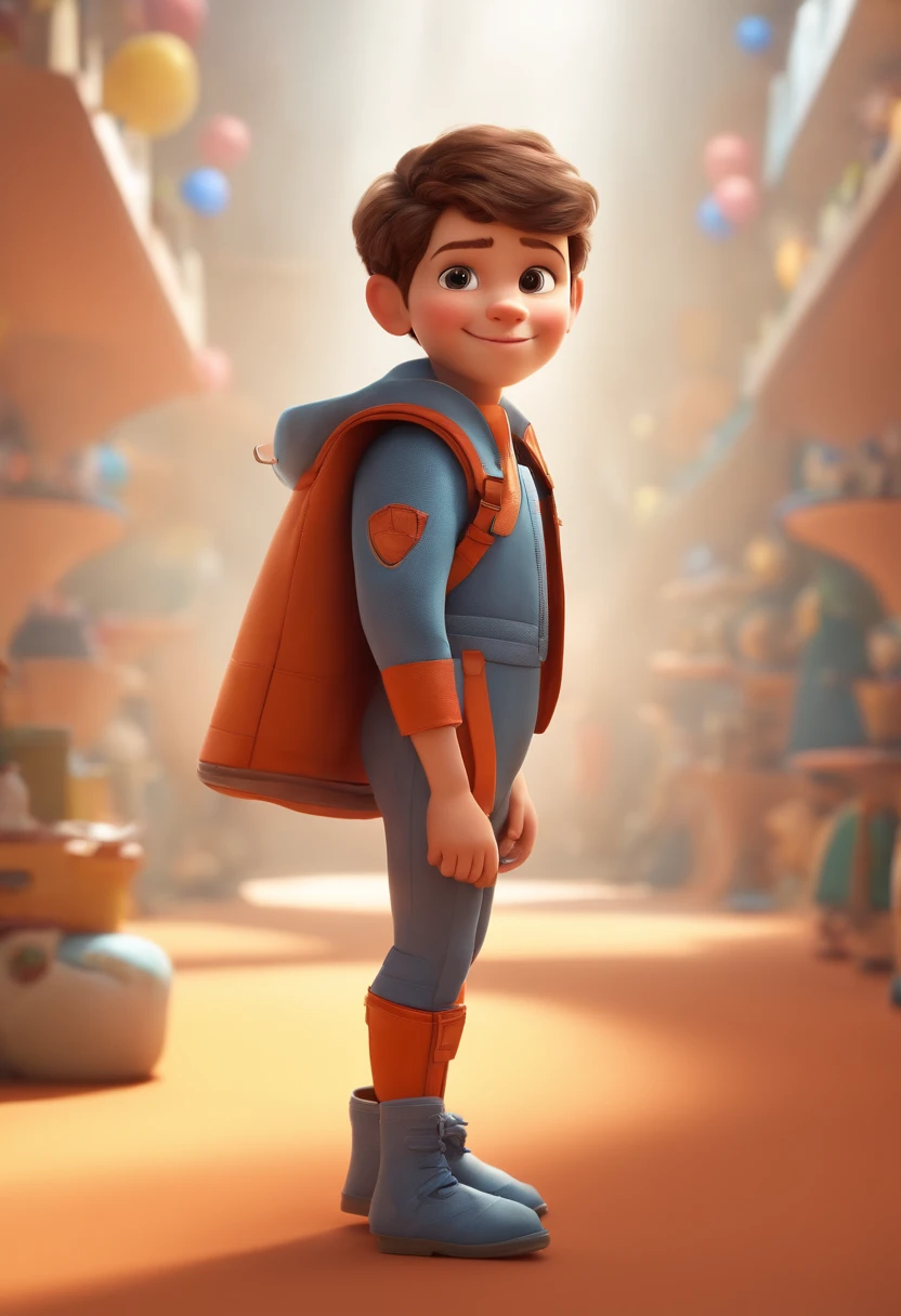 a happy cute kid standing short hair, vestindo uma fantasia espacial, , fundo branco, barnet, Tom, Estilo Pixar, ....3d, desenhos animados, rosto detalhado, asymmetrical 16k
