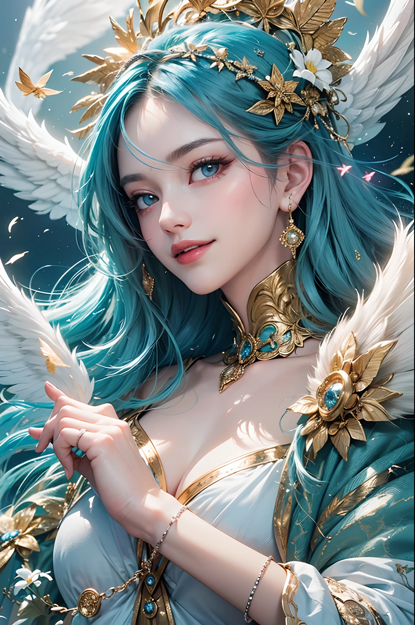 ((Finest quality)),(超A high resolution),(ultra-detailliert),(Meticulous portrayal),((best pictures)),(Finest works of art),Ultra-Precision Art,The art of astounding depiction, (1 Female Angel:1.5),a smile,Flapping,Fluttering feathers