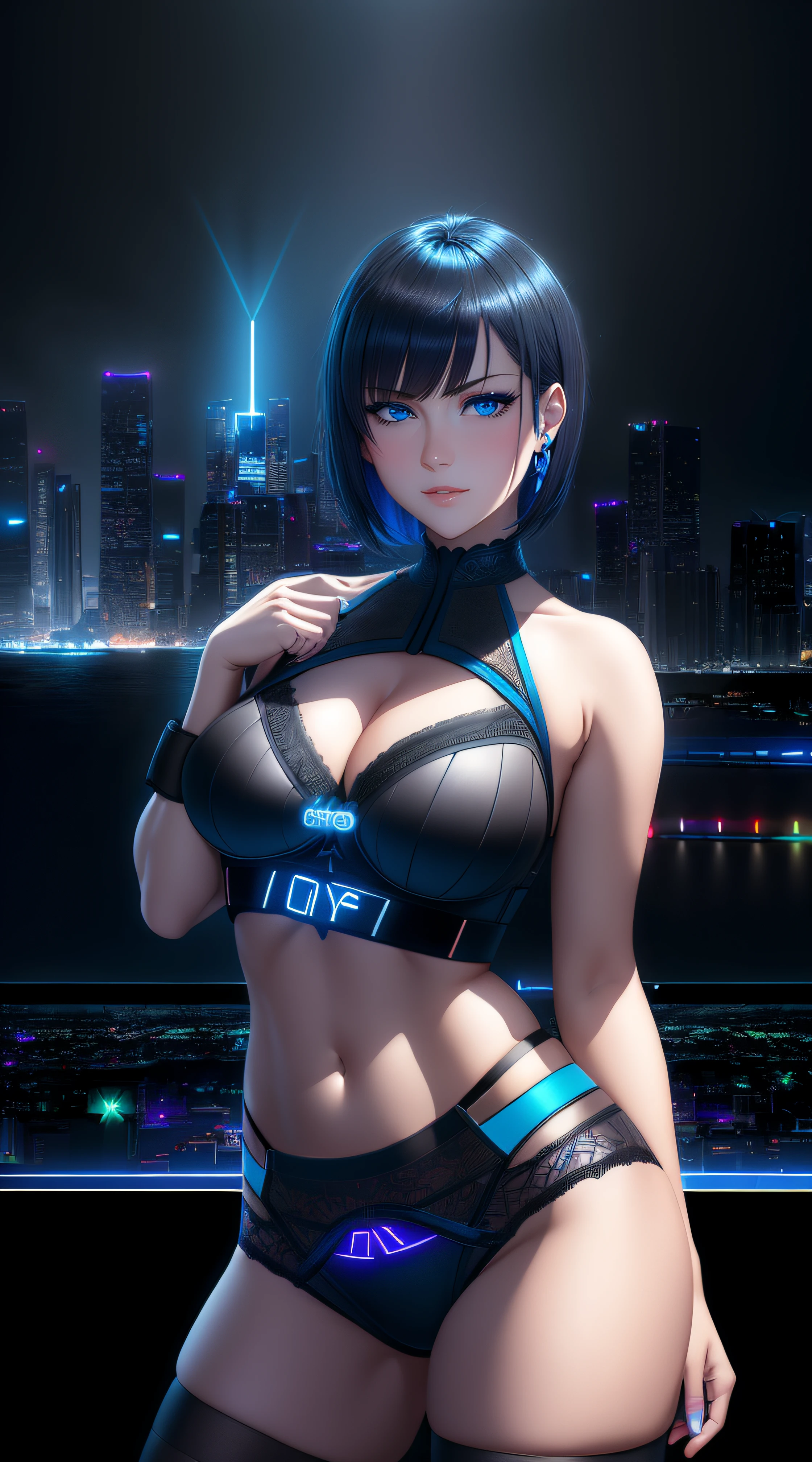 25-Year-Old Woman, Full Body, Adult, Dark Blue Water-Colored Eyes, Bright Neon Lighting, Black Bob Short Hair, strip club outfit, lace underwear, Serious Face, Realistic Face Resolution, Realistic, Object Resolution, (dark city night black background:1.4)