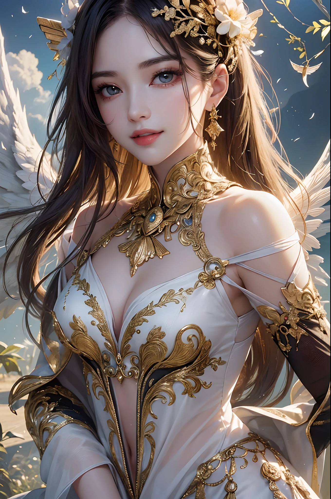 ((Finest quality)),(超A high resolution),(ultra-detailliert),(Meticulous portrayal),((best pictures)),(Finest works of art),Ultra-Precision Art,The art of astounding depiction, (1 Female Angel:1.5),a smile,Flapping,Fluttering feathers