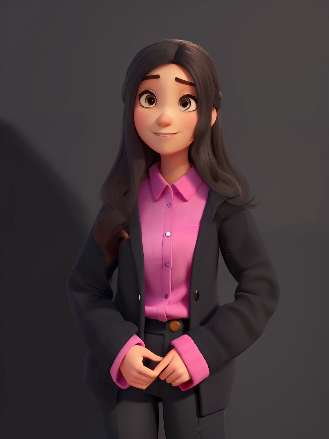 Crie um personagem no estilo pixar, mulher de 18 anos, parda, olhos castanho claros, cabelo castanho escuro e muito longo, feliz, advogada