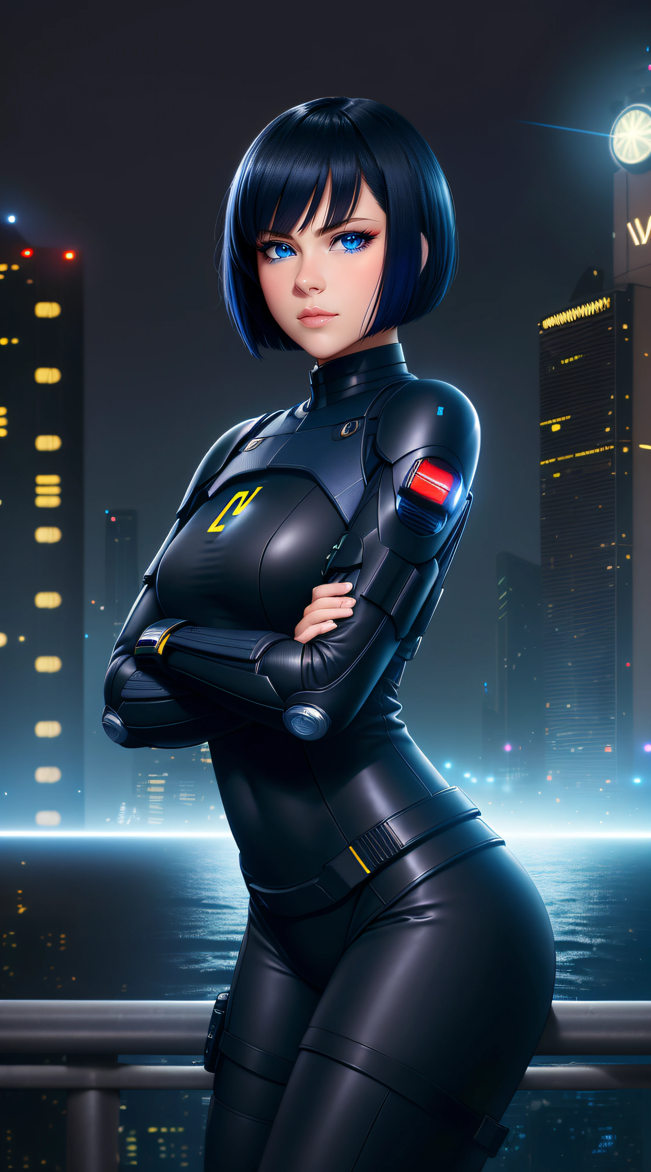 Science Fiction,Sci-Fi,Sci-Fi Movies,Foundation Movie References,Stories about Rebellion,Anti-Government Groups,25-Year-Old Woman, Full Body, Adult,Dark Blue Water-Colored Eyes,Black Bob Short Hair,leather body suit,Serious Face,Realistic Face Resolution,Realistic,Object Resolution, (dark city night black background:1.4)