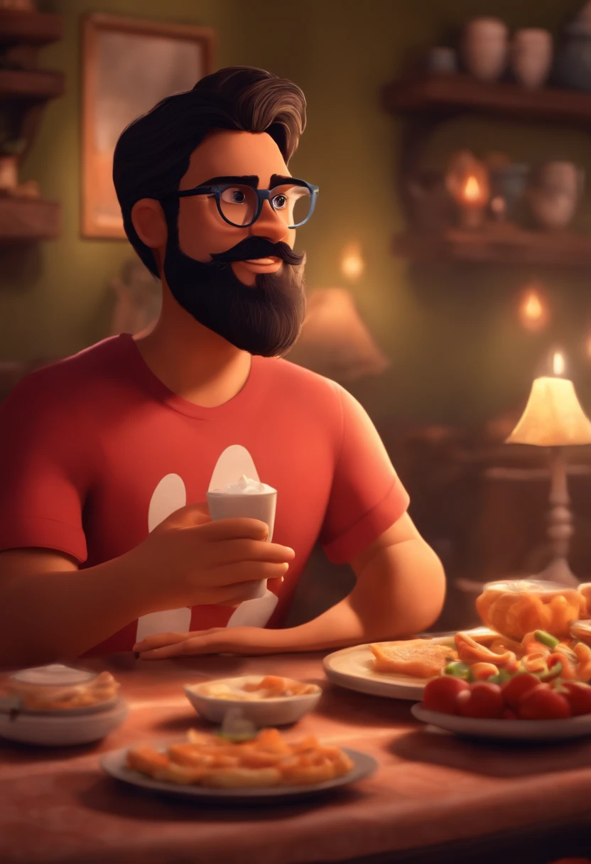 Um filme inspirado na Disney Pixar ( homem 1,76m 26 YEARS OLD WITH BLACK HAIR AND PRESCRIPTION GLASSES AND BEARD) DENTRO A CENA DE VALENTE DA DISNEY PIXAR