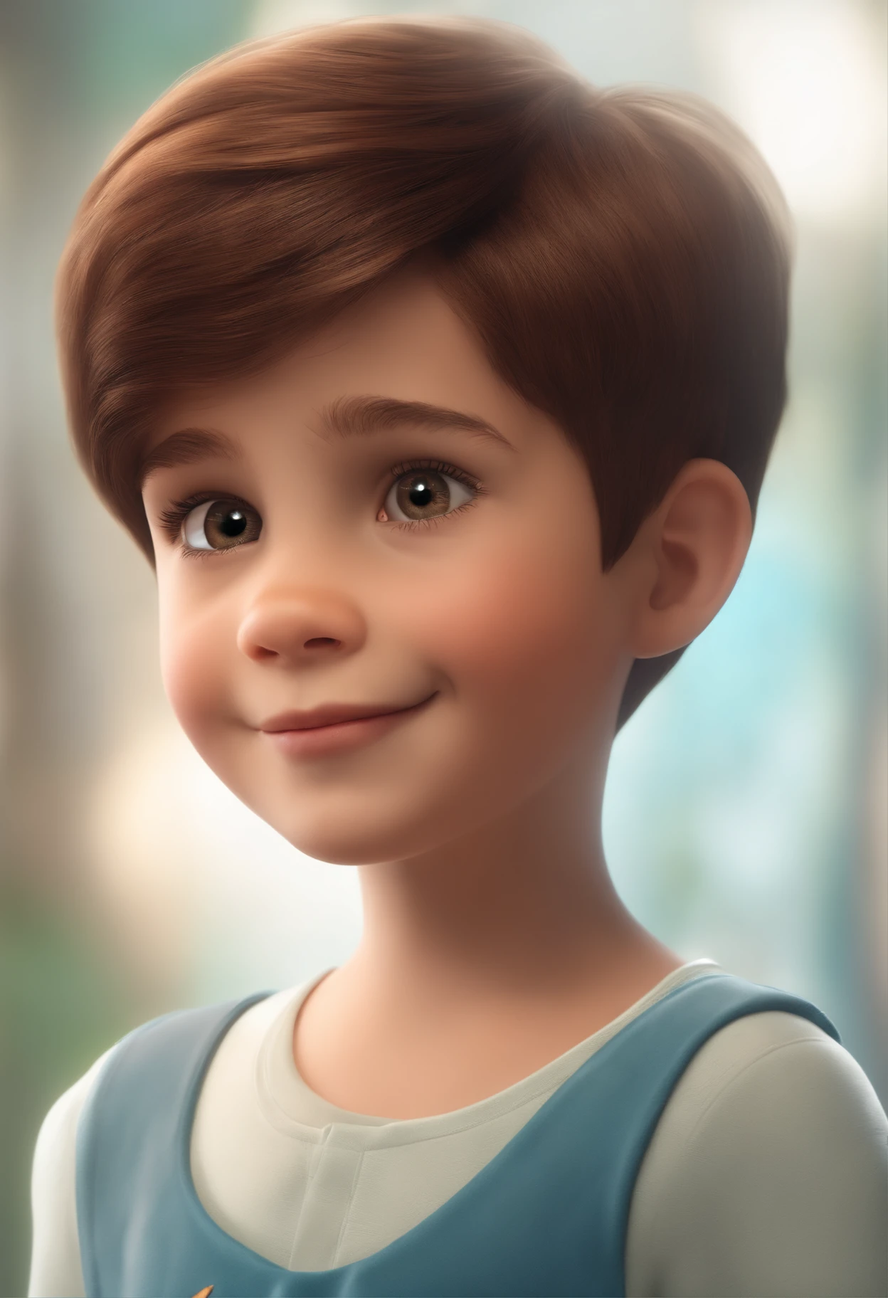 a happy cute  standing short hair, vestindo uma fantasia espacial, , fundo branco, barnet, Tom, Estilo Pixar, ....3d, desenhos animados, rosto detalhado, asymmetrical 16k