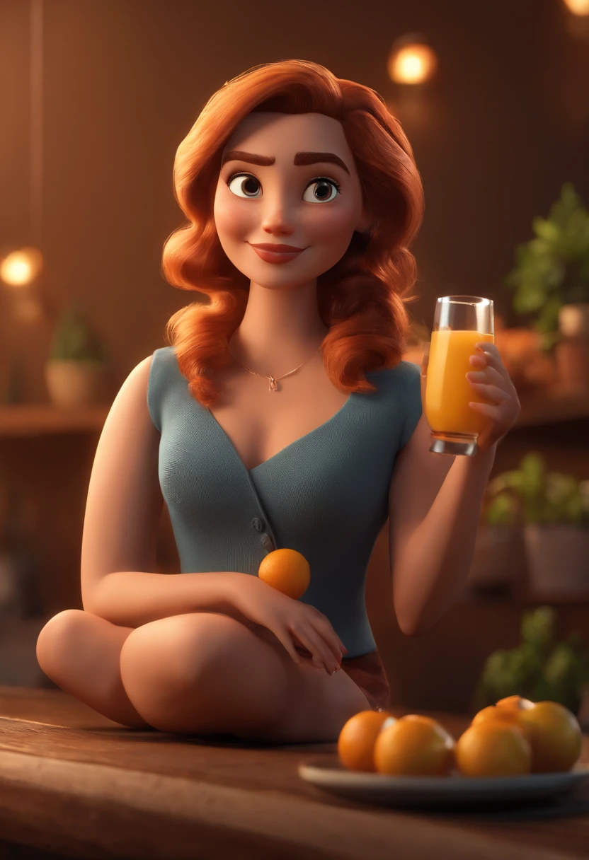 30 year old woman sitting holding a glass with orange juice in her hand, animation character, Caractere estilizado, animation style rendering, 3D estilizado, Arnold Maya render, 3 d render stylized, toon render keyshot, Personagem 3D, Personagem 3D, 3d rendering stylized, 3 d character render, personagem de desenho animado, Personagem de close up, Pose de personagem, (Estilo Pixar) (master part:1.2) (Bokeh) (best quality) (pele detalhada) (textura detalhada) (8k) (argila) (Cinematic lighting) (foco nítido