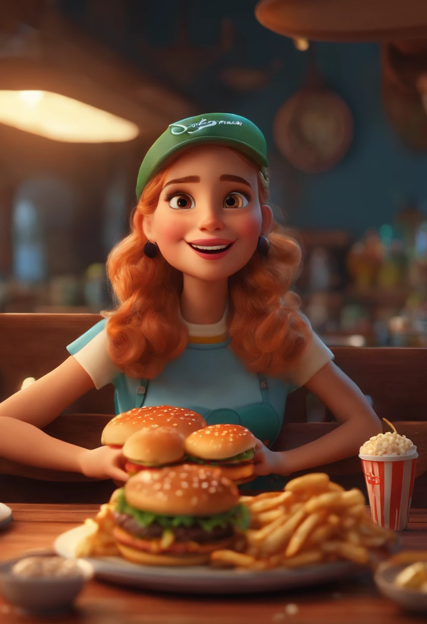 Make a Girl, She's hungry, como Disney Cartoon, She's eating hamburger, Pixar, ..3d, Disney