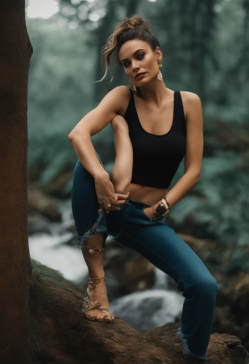 Closeup, samdoesarts estilo mulher bonita, em um parque com folhas alaranjadas , Directed by: Jeremy Mann, Por Sandra Chevrier, Por Dave McKean e Richard Avedon e Maciej Kuciara, White tank top and jeans, alto detalhamento, 8k