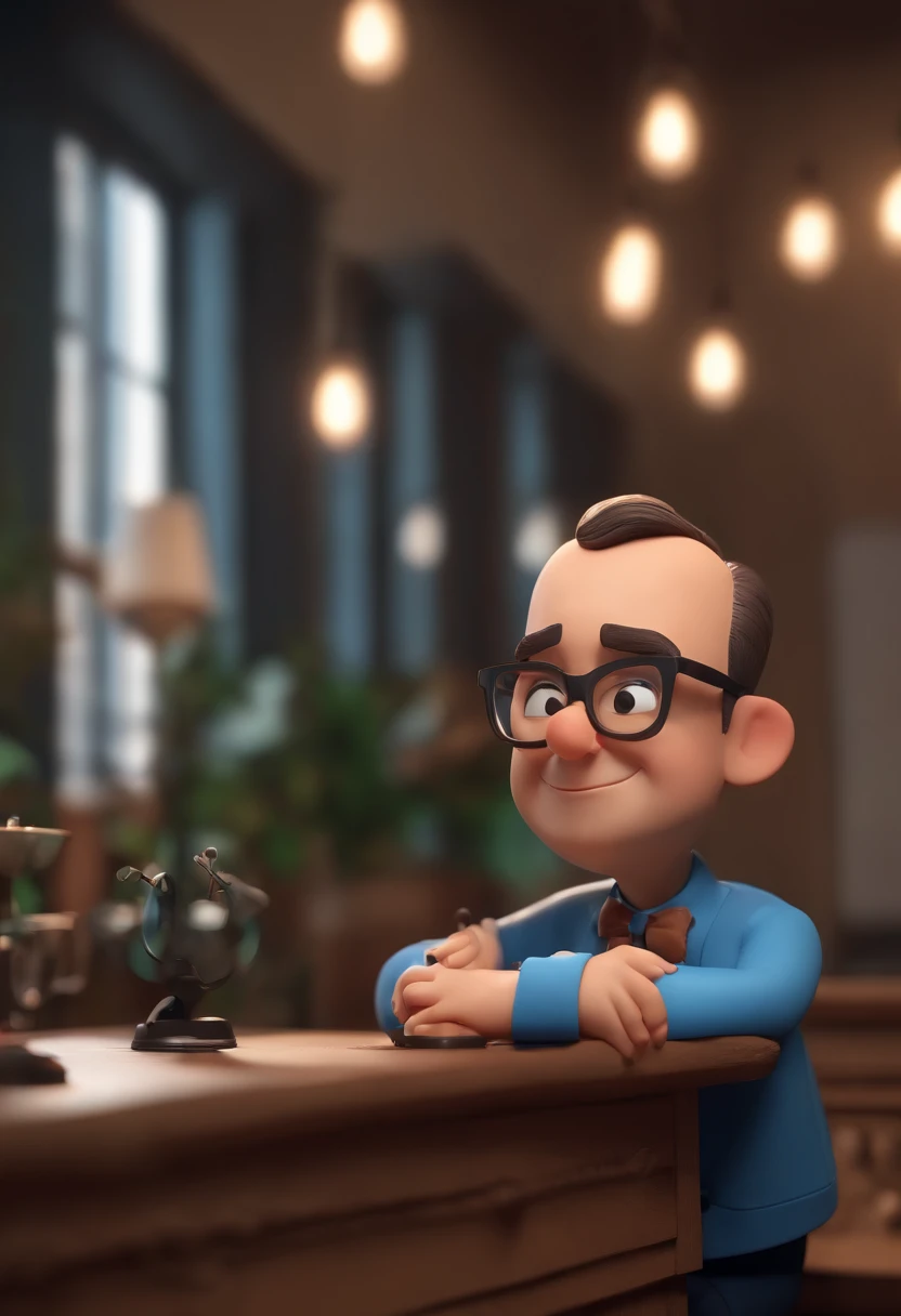 Cartoon character of a man wearing black glasses and a blue shirt, um personagem animado, Caractere estilizado, animation style rendering, 3D estilizado, Arnold Maya render, 3 d render stylized, toon render keyshot, Personagem 3D, Personagem 3D, 3d rendering stylized, 3 d character render, personagem de desenho animado, Personagem de close up, Pose de personagem, (Estilo Pixar) (master part:1.2) (Bokeh) (best quality) (pele detalhada) (textura detalhada) (8k) (argila) (Cinematic lighting) (foco nítido，Senta e vaza a parte superior do corpo