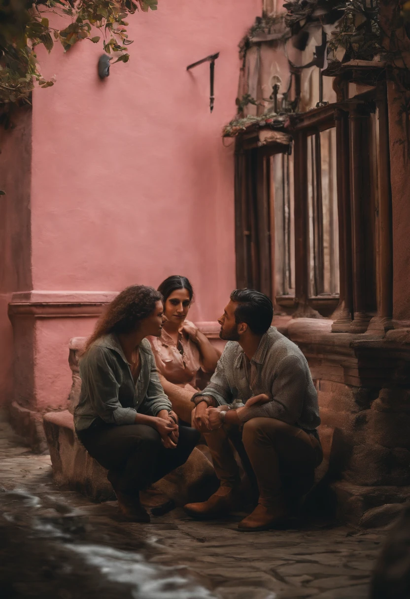 three friends, One with wavy brown hair and two with straight brown hair with pink highlights in the shape of a Disney Pixar animation with the title of:"corrente do mal"