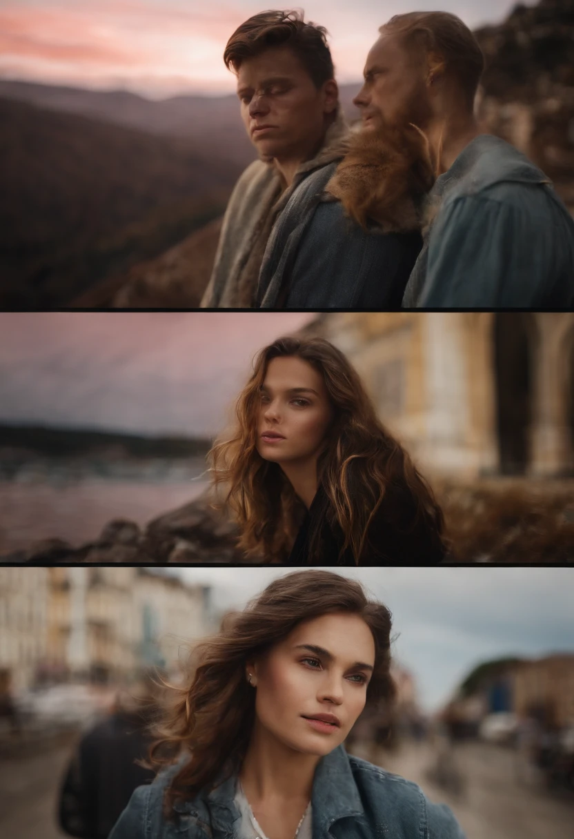 three friends, One with wavy brown hair and two with straight brown hair with pink highlights in the shape of a Disney Pixar animation with the title of:"corrente do mal"
