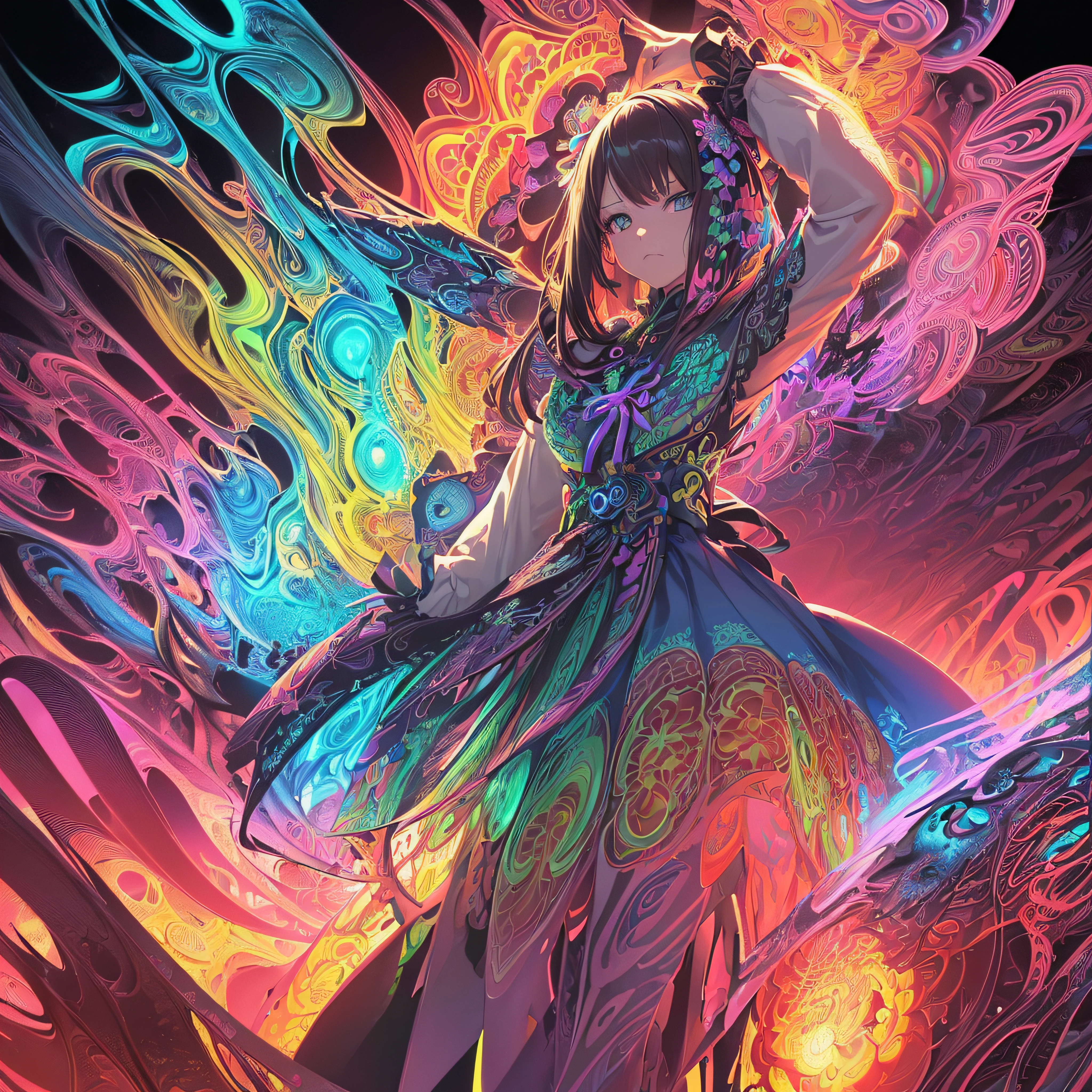 (masutepiece, of the highest quality, Best Quality, Official art, Beautiful and aesthetic:1.2), (1girl in:1.3), Extremely detailed,(Fractal Art:1.2),Colorful,highest details,( Zentangle Neon:1.2), (Dynamic Pose), (Abstract background neon:1.5), (Congressional Dresses:1.2), (Shiny skin), (Many colors:1.4), Upper body ,neons,16 K,Full-HD --auto