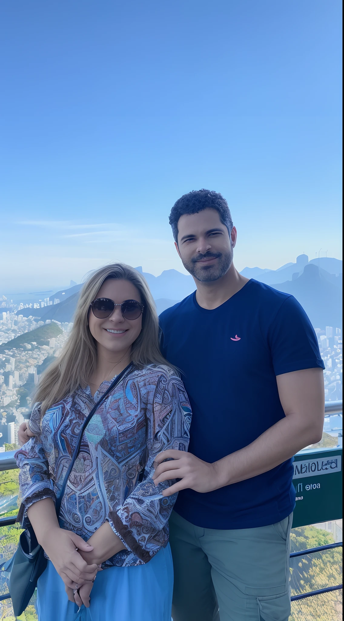 Arafed couple standing on a balcony overlooking a city and mountains, com montanhas ao fundo, com montanhas no fundo, com montanhas como pano de fundo, Montanhas ao fundo, In Sao Paulo, Directed by: Sam Dillemans, com uma cidade em segundo plano, Directed by: Meredith Dillman, montanha ao fundo, rio de janeiro, no topo de uma montanha