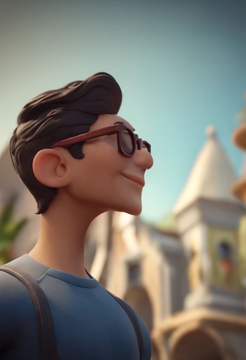 Cartoon character of a man wearing black glasses and a blue shirt, um personagem animado, Caractere estilizado, animation style rendering, 3D estilizado, Arnold Maya render, 3 d render stylized, toon render keyshot, Personagem 3D, Personagem 3D, 3d rendering stylized, 3 d character render, personagem de desenho animado, Personagem de close up, Pose de personagem, (Estilo Pixar) (master part:1.2) (Bokeh) (best quality) (pele detalhada) (textura detalhada) (8k) (argila) (Cinematic lighting) (foco nítido,Senta e vaza a parte superior do corpo