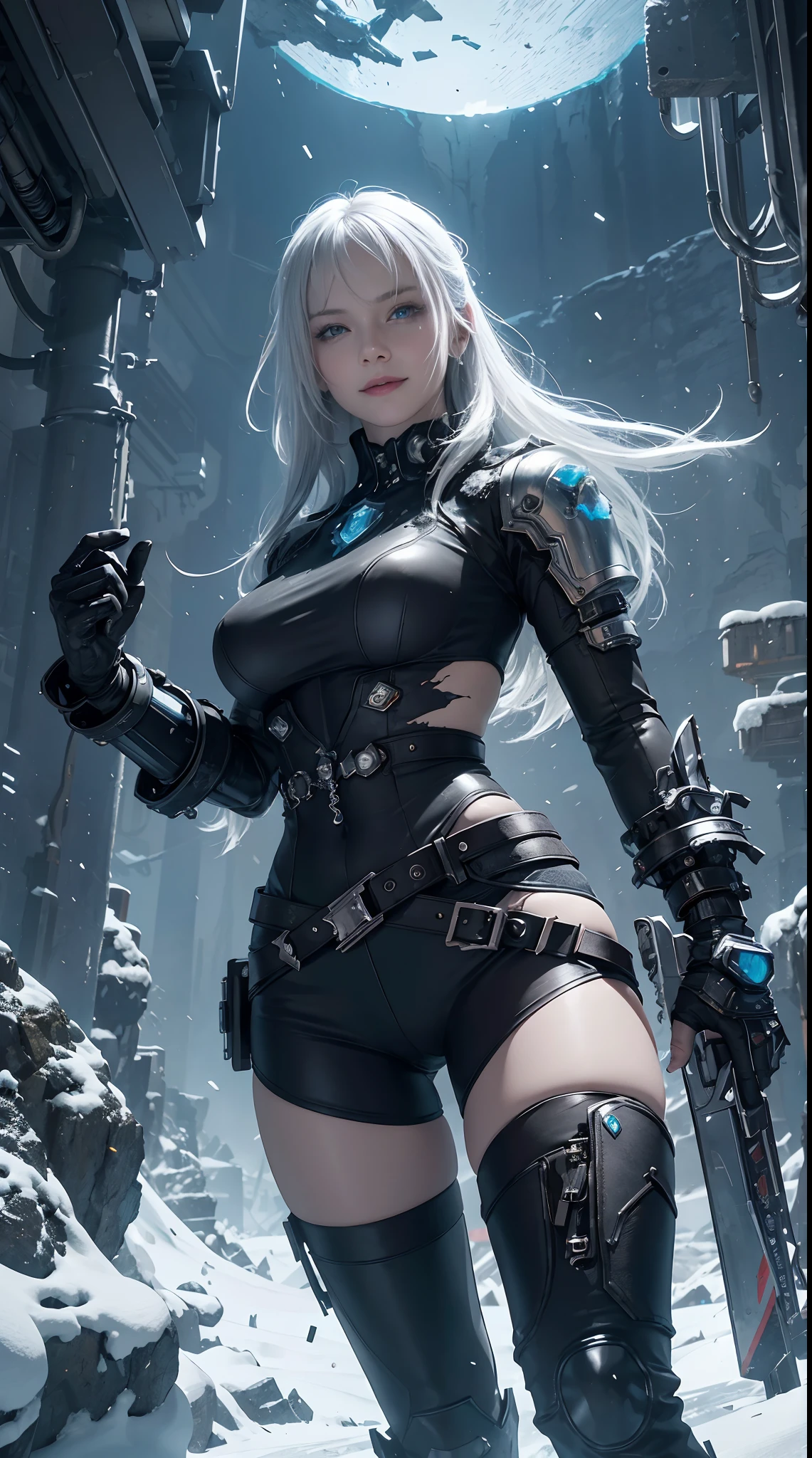 Cyberpunk, mechanical, broken, there is a picture of a very large iceberg, cyberpunk, mechanical, broken, with a lot of snow, dungeon background, icicle background, arena background, game background, dark dark cave background,a female warrior running,((smile:1))