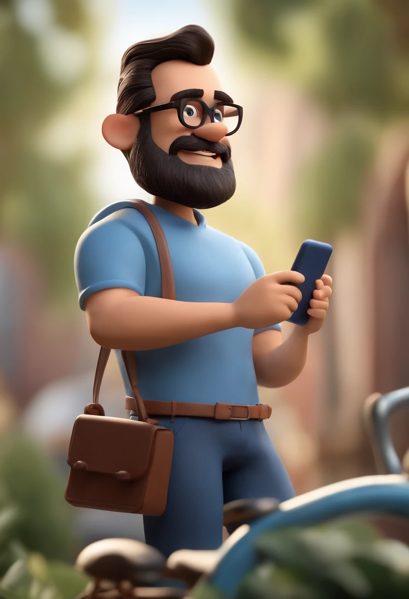 Cartoon character of a man wearing black glasses and a blue shirt, with medium beard, cabelos castanhos claros, With a mobile phone in his hands, an animated character, Caractere estilizado, animation style rendering, 3D estilizado, Arnold Maya render, 3 d render stylized, toon render keyshot, Personagem 3D, Personagem 3D, 3d rendering stylized, 3 d character render, personagem de desenho animado, Personagem de close up, Pose de personagem, (Estilo Pixar) (master part:1.2) (Bokeh) (best quality) (pele detalhada) (textura detalhada) (8k) (argila) (Cinematic lighting) (foco nítido