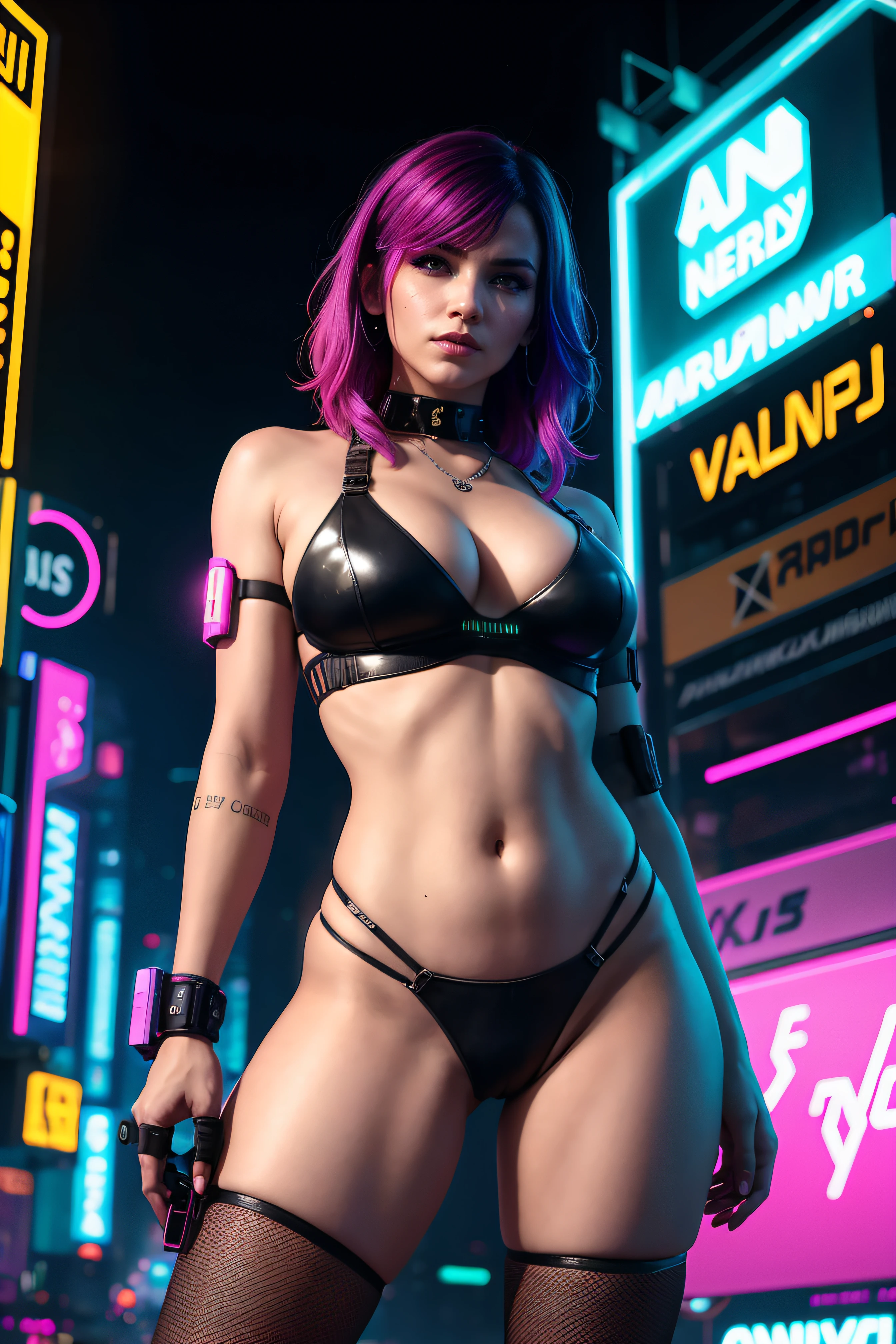 there is a woman standing with a rainbow light, 3 d neon art of a womans body, neon-noir background, cyberpunk femme fatale, seductive cyberpunk dark fantasy, cyberpunk strip clubs, cyberpunk 20 y. o model girl, oppai cyberpunk, banner, high definition cgsociety, cgsociety masterpiece, trending on cgstation, kda