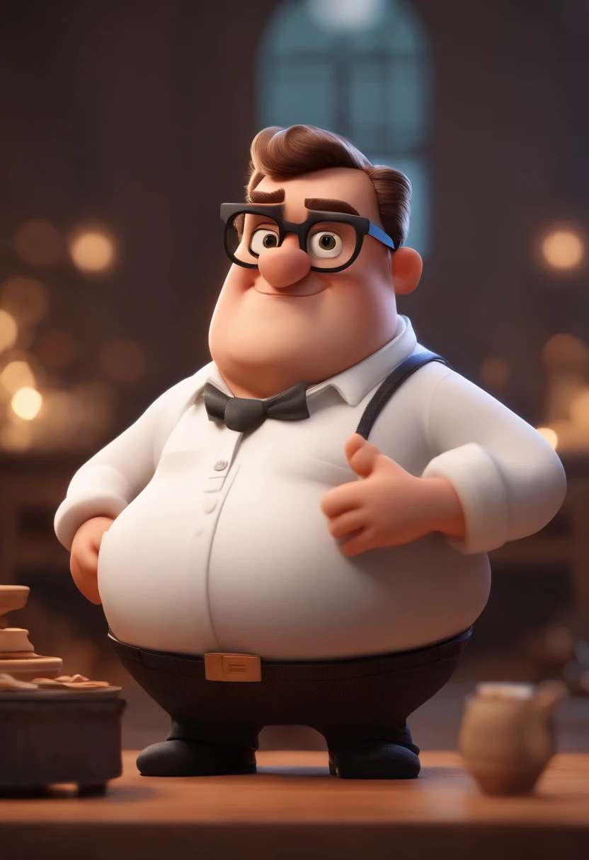 Cartoon character of a man chubby wearing black glasses and a white shirt, um personagem animado, Caractere estilizado, animation style rendering, 3D estilizado, Arnold Maya render, 3 d render stylized, toon render keyshot, Personagem 3D, Personagem 3D, 3d rendering stylized, 3 d character render, personagem de desenho animado, Personagem de close up, Pose de personagem, (Estilo Pixar) (master part:1.2) (Bokeh) (best quality) (pele detalhada) (textura detalhada) (8k) (argila) (Cinematic lighting) (foco nítido，Senta e vaza a parte superior do corpo