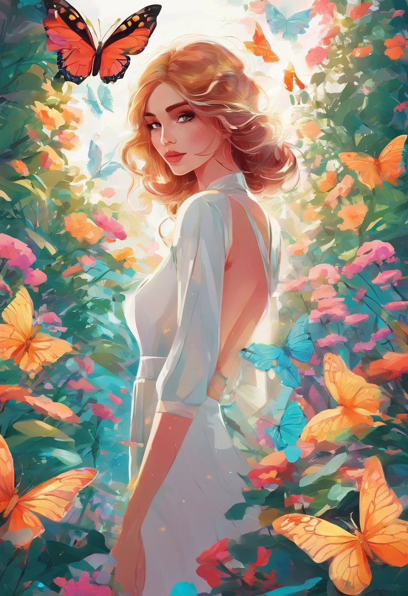(girl in a garden),(illustration, vibrant colors),(flowers, butterflies, sunlight),(best quality, vivid colors, sharp focus, professional),(painterly, dreamlike, whimsical),(warm color palette),(soft, natural lighting)